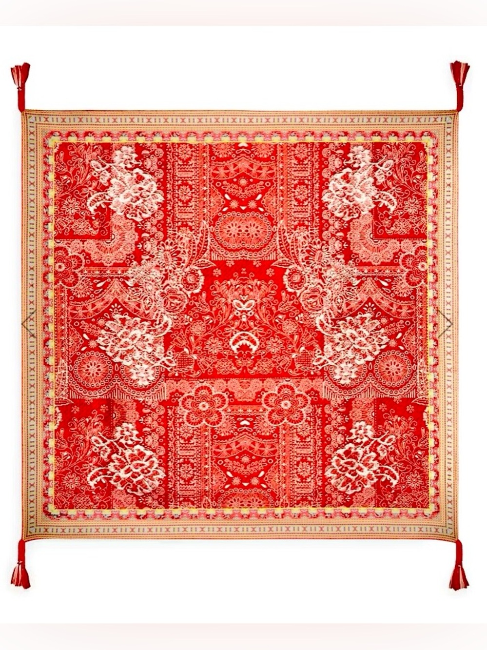 NEW Johnny Was Red Lace Silk Scarf Braided Tassels Red Cream Large 44" x 44"